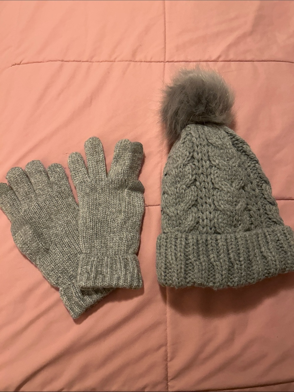 Women’s Grey Knit Pom Beanie and Gloves Set. Like new